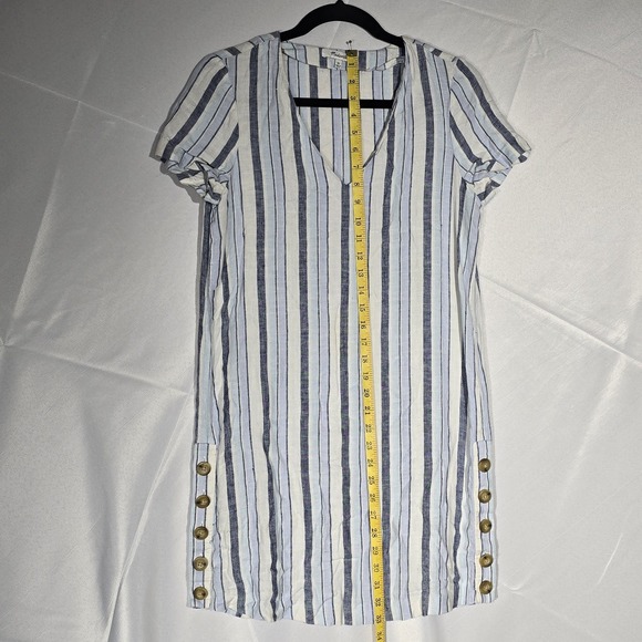 Madewell Women's XS Linen Shift Dress Blue White Stripe V-Neck Side Buttons - Picture 5 of 7
